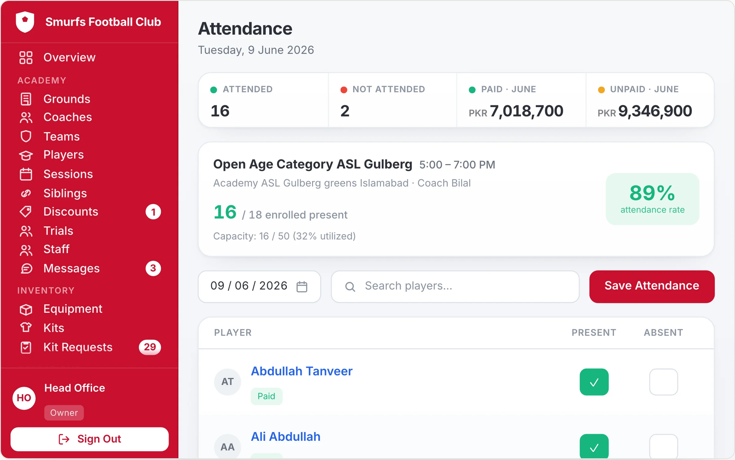 Attendance for a session, 16 of 18 present