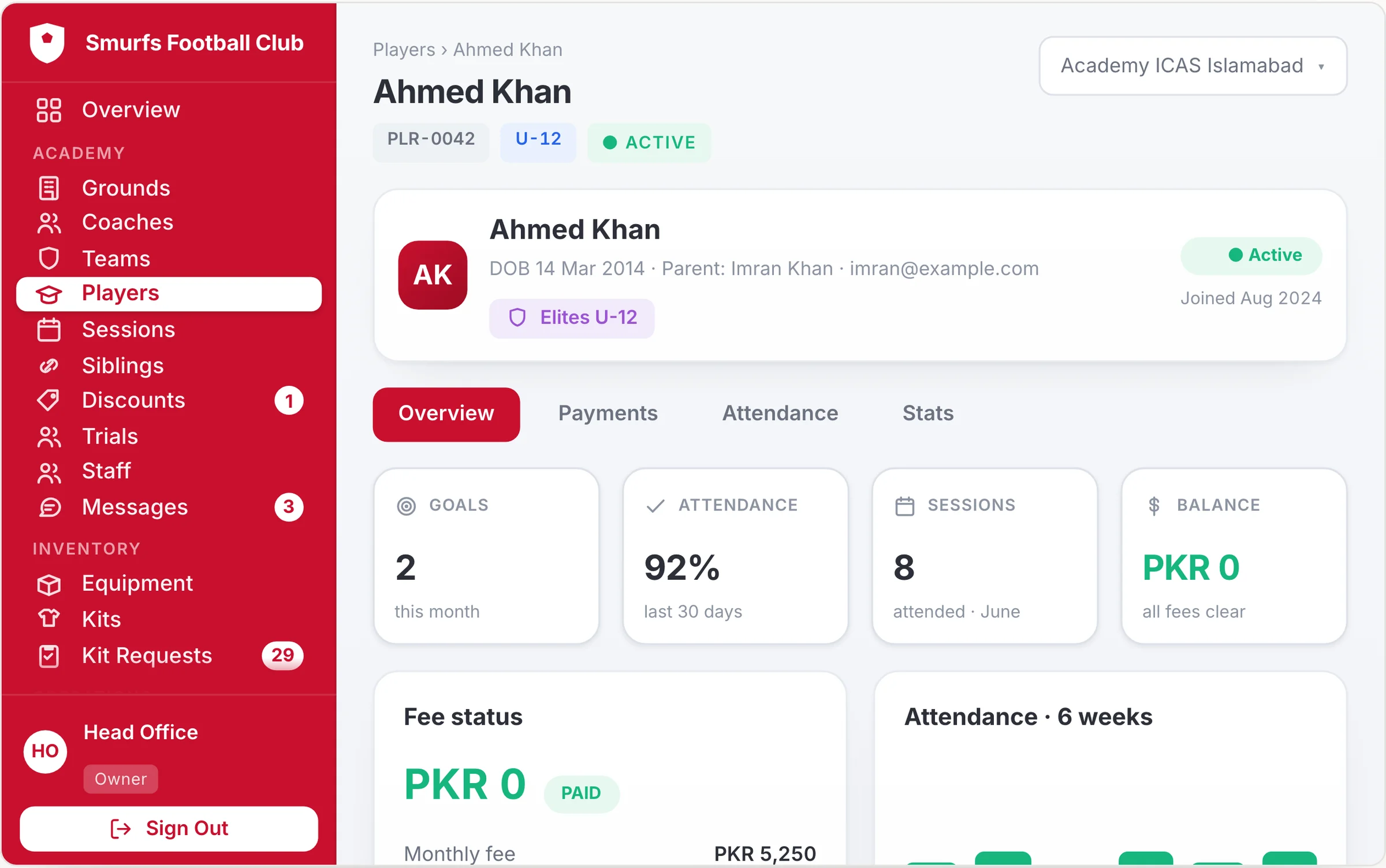 A player profile with goals, attendance and fee status