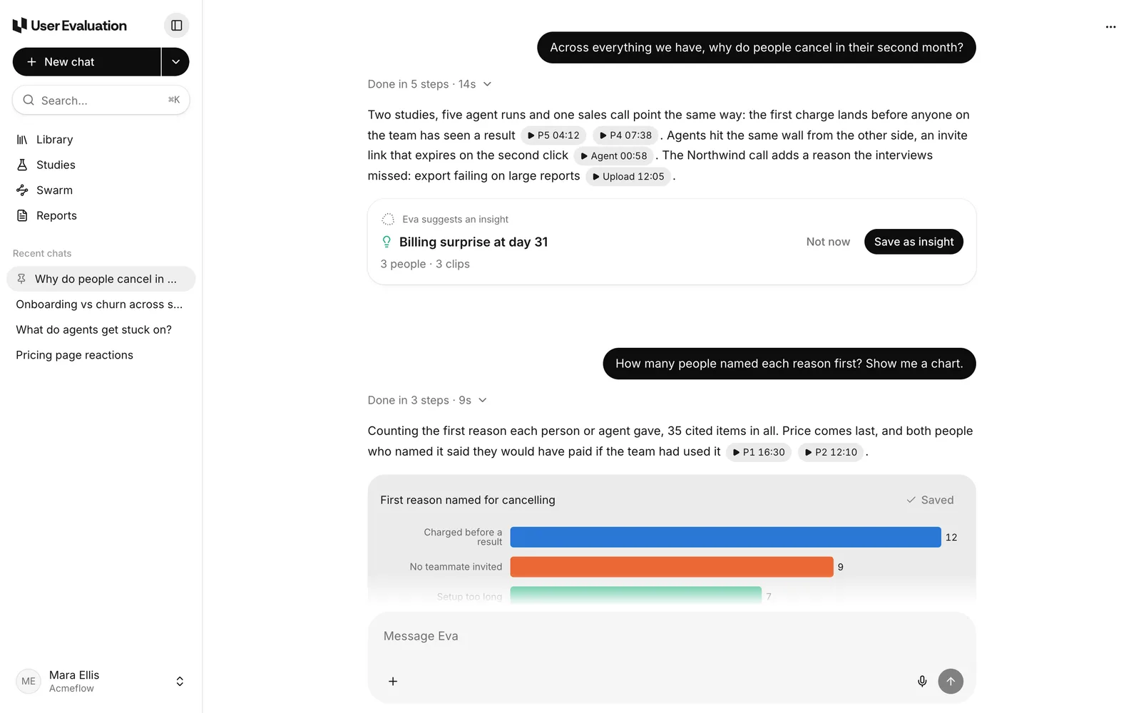 Eva answering with cited clips and a chart