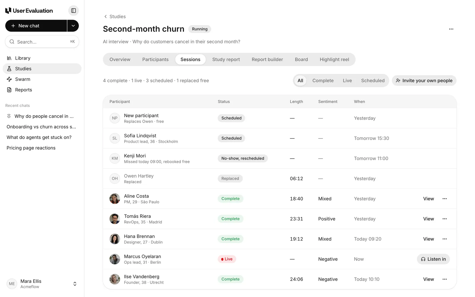 Sessions with status, length and sentiment