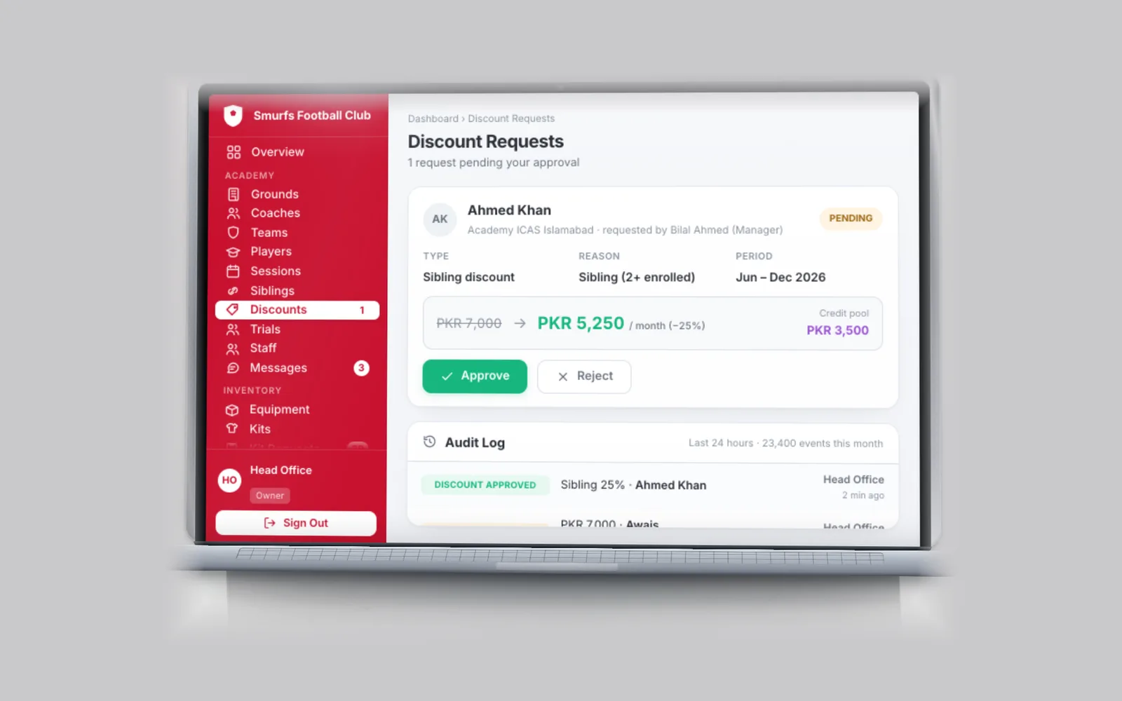 A discount request waiting for the owner’s approval, with its audit log