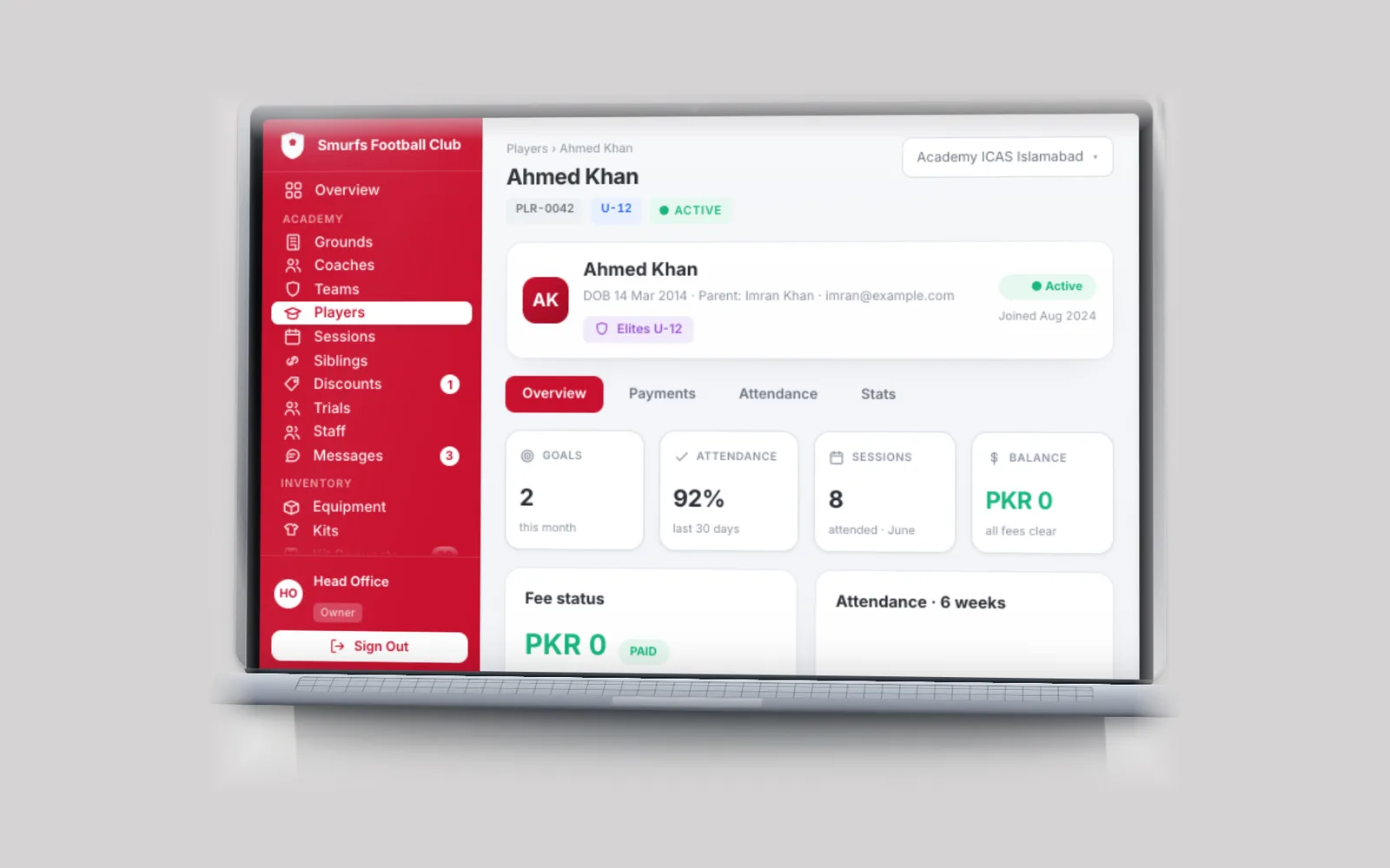 A player profile with attendance, sessions and fee balance
