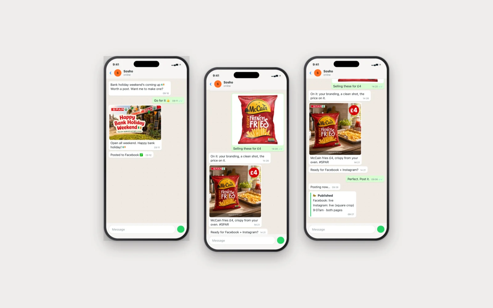 Three WhatsApp chats: Sosho planning, designing and publishing a store’s posts