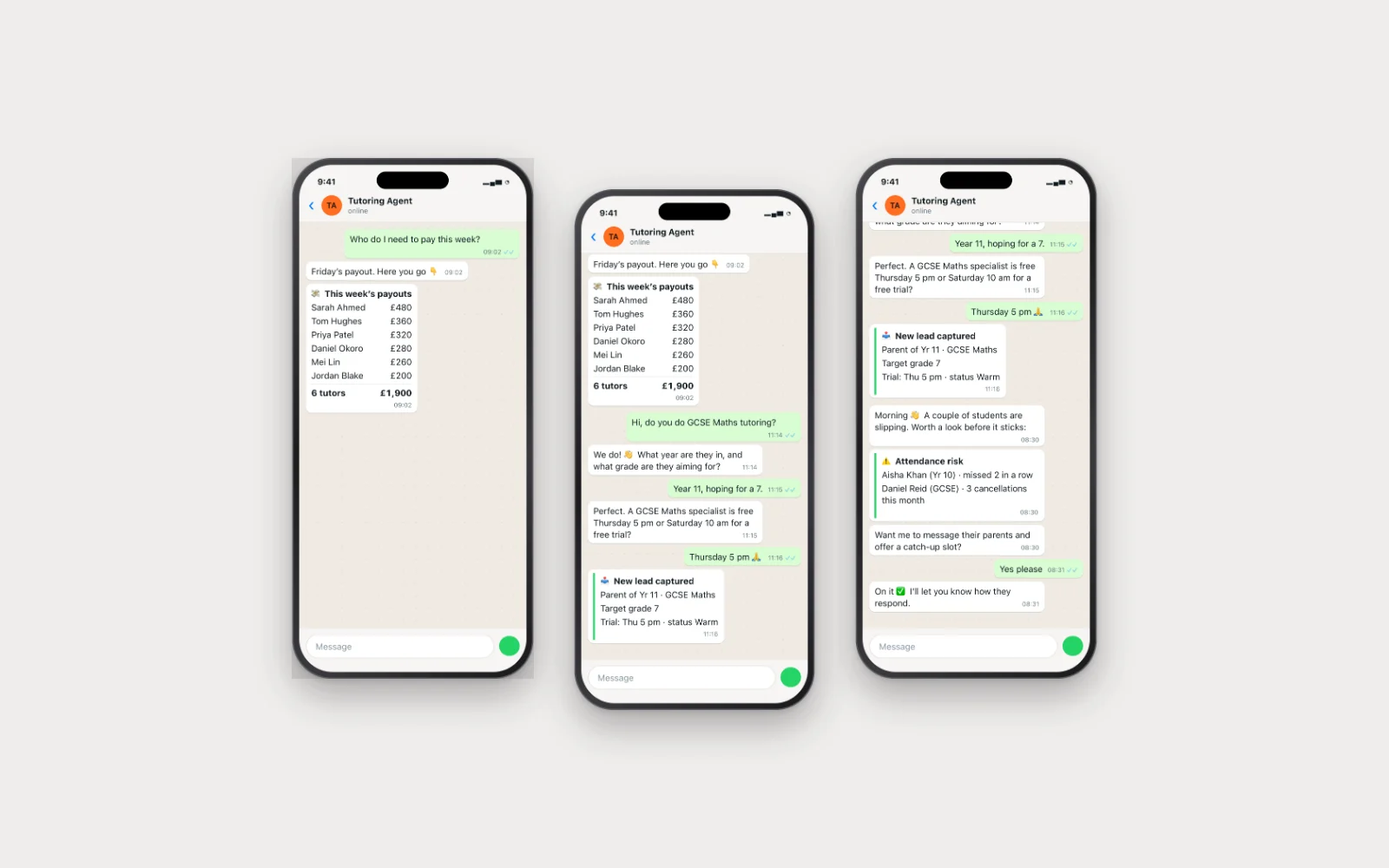Three WhatsApp chats with the tutoring agent: payouts, a booked trial and attendance alerts