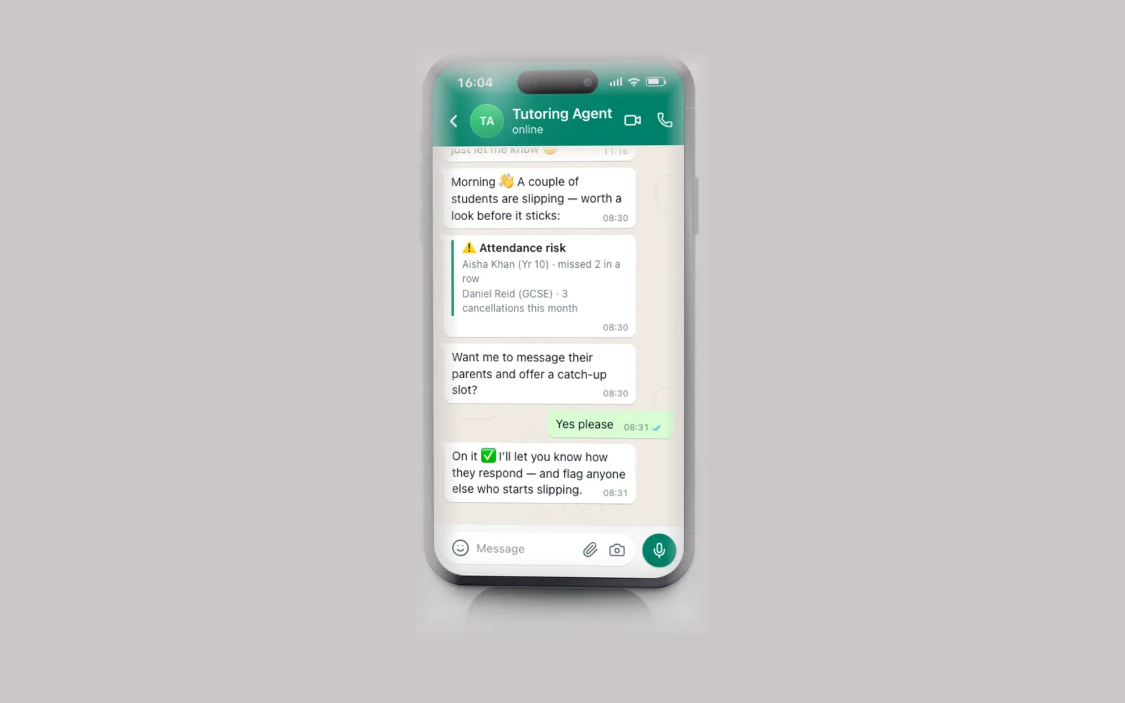 A WhatsApp agent flagging students whose attendance is slipping