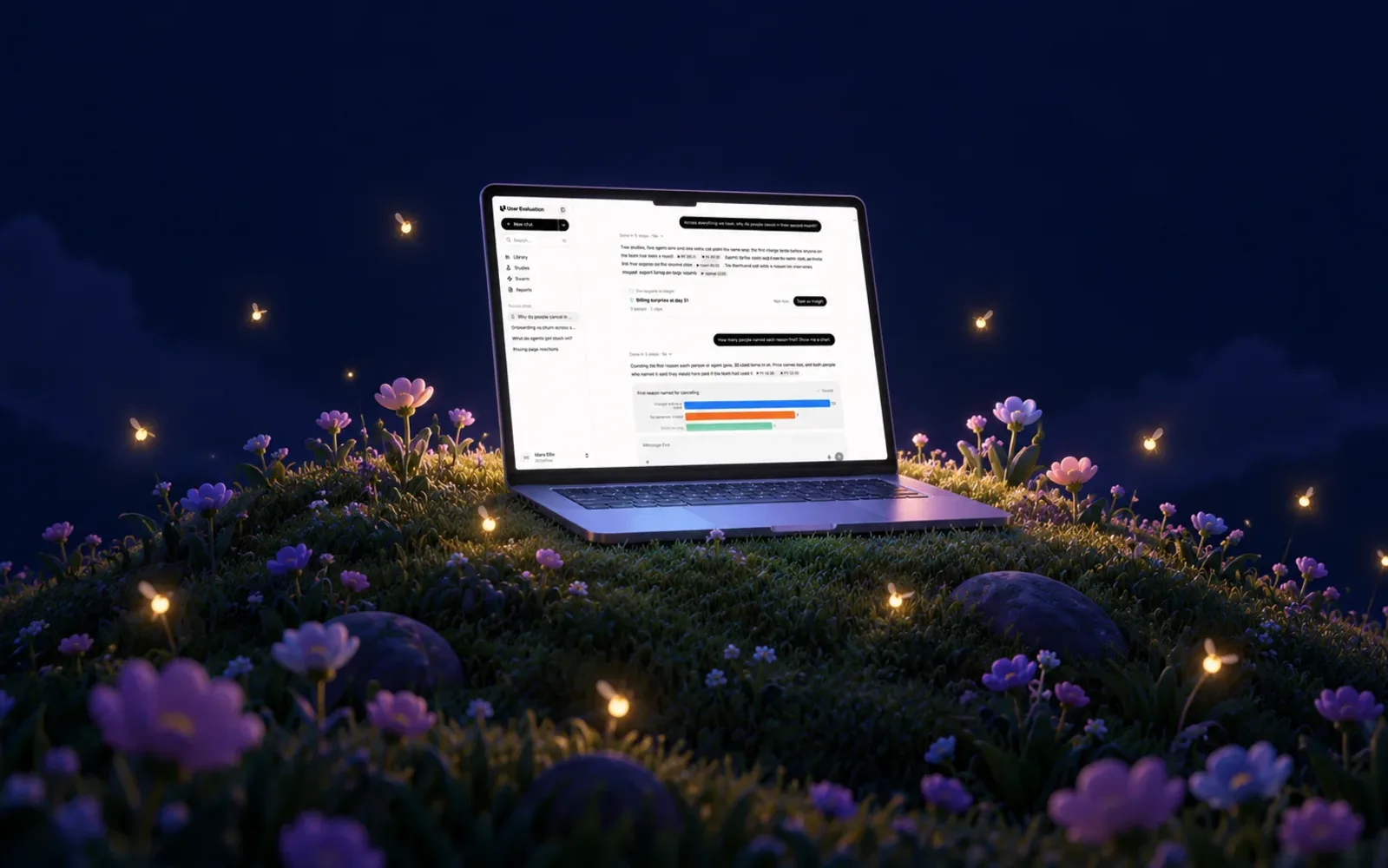 User Evaluation open on a laptop on a hillside at night