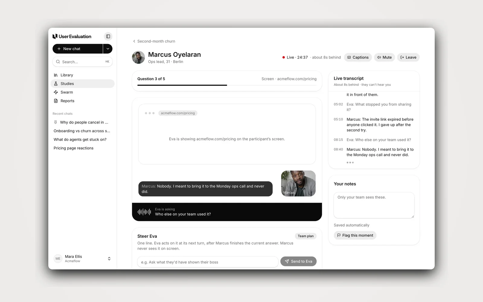 A live voice interview with its running transcript and notes