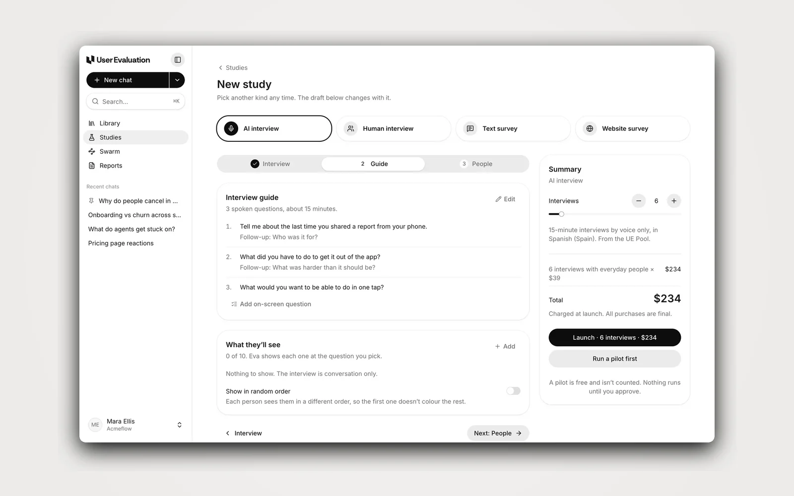 A new study: Eva’s interview guide and the price before launch