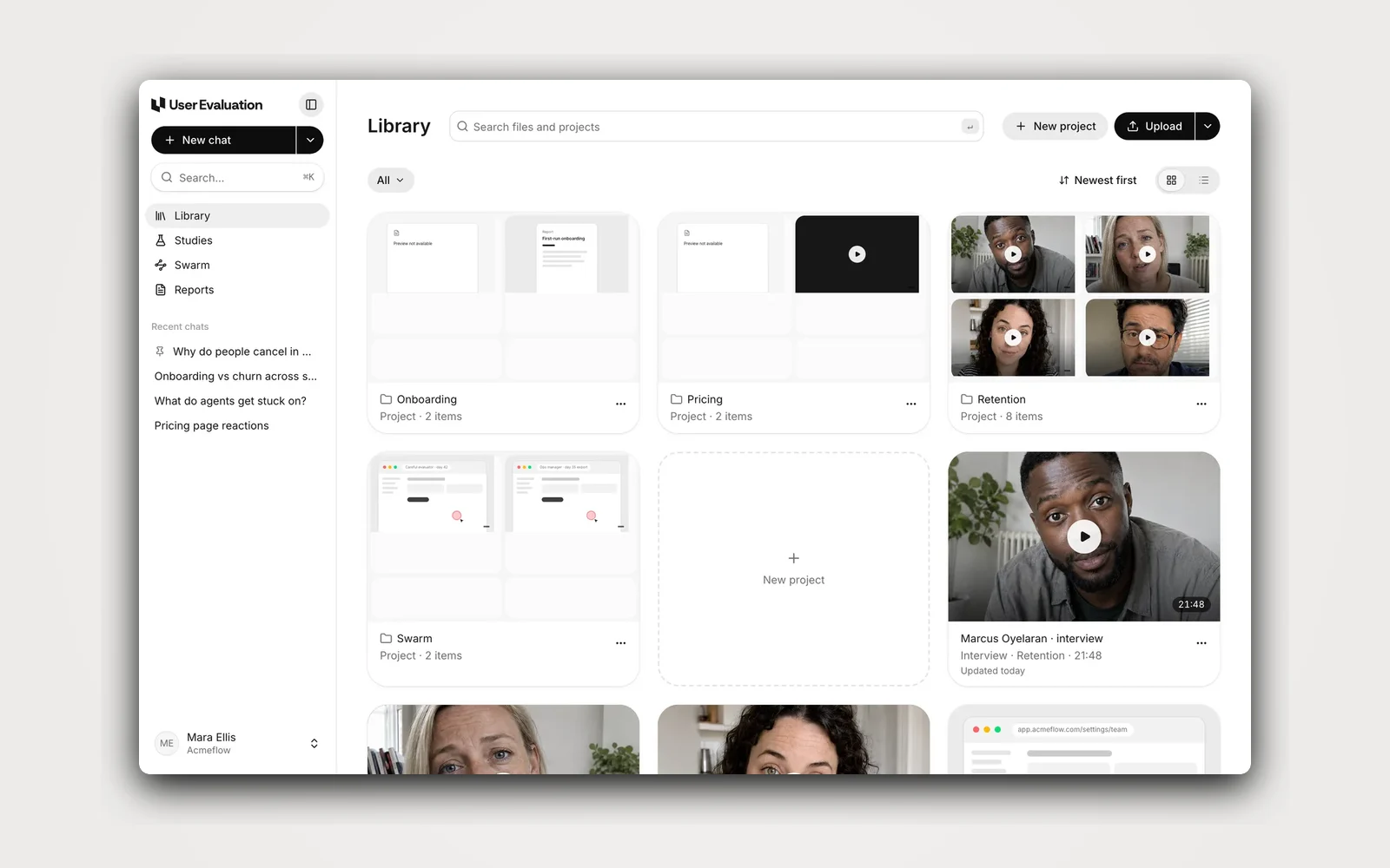 The library of interviews, uploads and agent runs