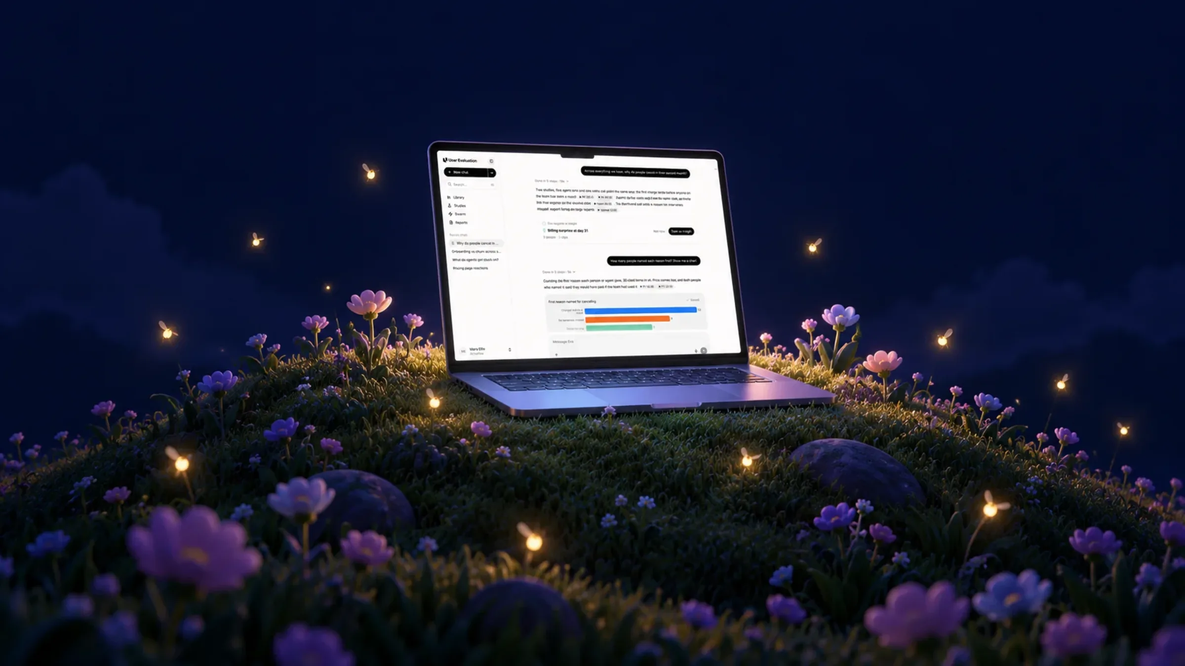 User Evaluation open on a laptop on a hillside at night